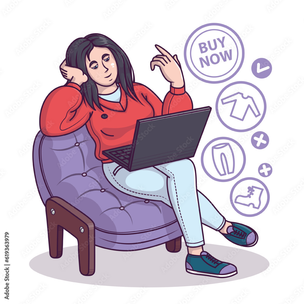Lady resting on couch and selecting clothes in store via laptop. Online shoppers ordering goods. Concept of products purchase via mobile apps. Modern technology and lifestyle. Vector Lady resting on couch and selecting clothes in store via laptop. Online shoppers ordering goods. Concept of products purchase via mobile apps. Modern technology and lifestyle. Vector
