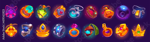 Cartoon set of game jewelry accessories isolated on background. Vector illustration of golden and silver ring, crown decorated with colorful precious gem stones. Witch, wizard, medieval king treasure