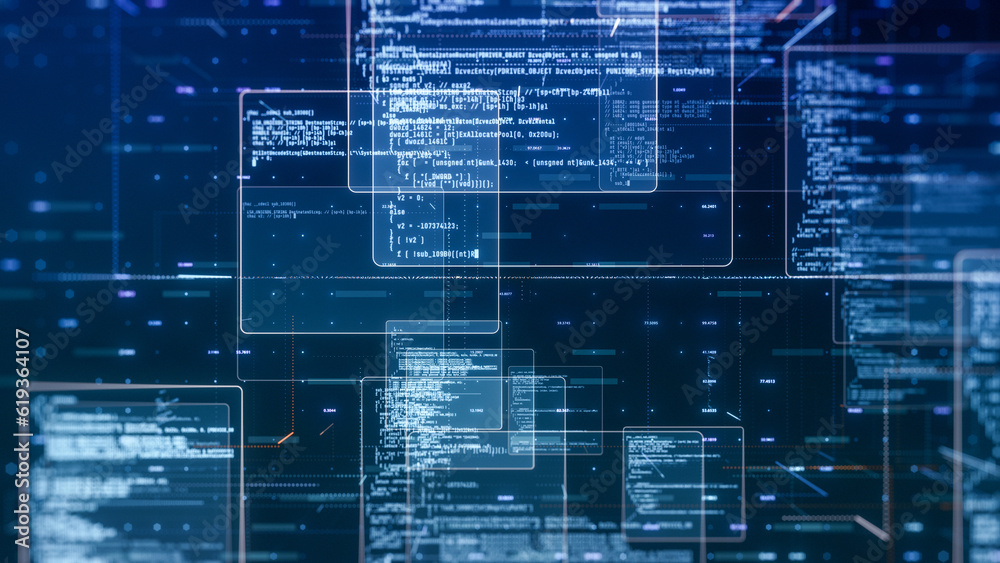 Fototapeta premium abstract network with random programming code, web and software development concept, futuristic technology, digital connectivity, cyber space (3d render)