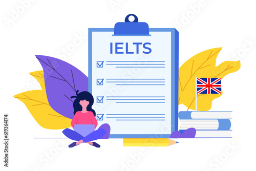 English Proficiency Test and Exam. IELTS International English Language Testing System. Vector illustration.