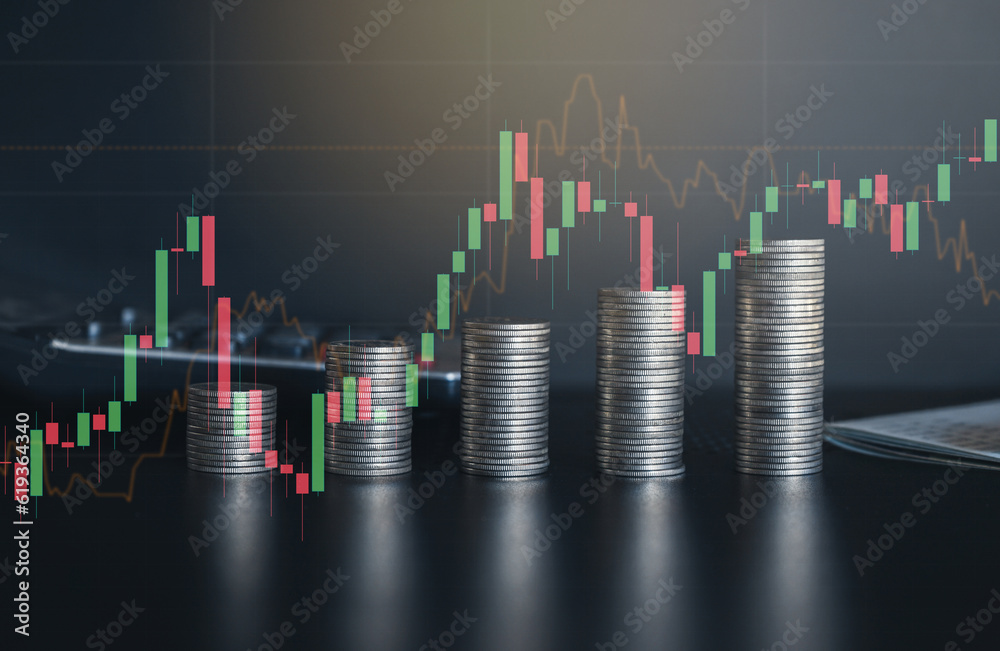 Stack of silver money coin with stock trading graph. Business background concept. Stack of silver money coin with stock trading graph. Business background concept.