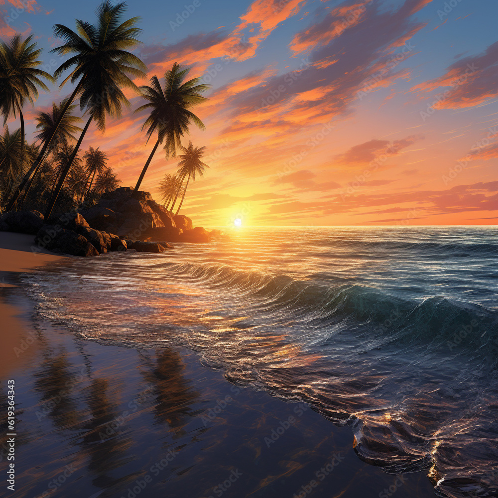peaceful beach blue water palm trees sunset Ultra hd wallpaper.Generative Ai content