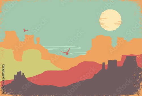 American Arizona desert vintage poster on old paper texture. Vector desert landscape illustration with mountains and sky.