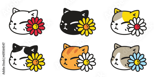 cat vector kitten icon flower daisy neko calico face pet smiling character cartoon doodle symbol tattoo stamp scarf illustration design isolated