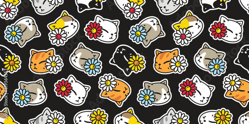 cat seamless pattern kitten daisy flower calico neko breed vector character cartoon sticker pet face head doodle gift wrapping paper repeat wallpaper tile background animal illustration design scarf i