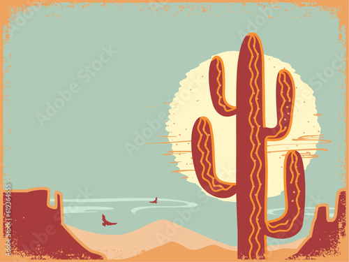 American desert poster. Vector desert landscape illustration with cactus and yellow sun. Arizona desert mountain design