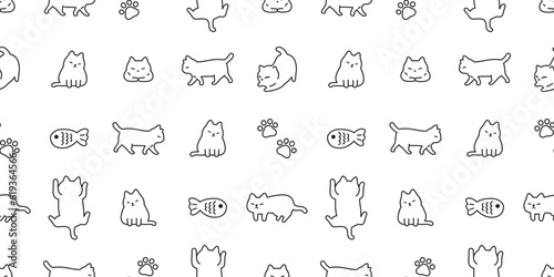 cat seamless pattern white kitten paw calico footprint neko vector cartoon character breed pet climb walking sleeping fish gift wrapping paper tile background repeat wallpaper animal doodle illustrati