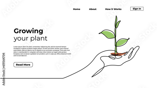 Growing plant continuous one line drawing. Landing page template of hand holding plants. Sprout grow symbol of environment protection. photo
