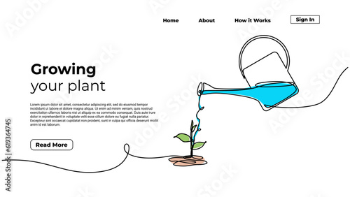 Growing plant continuous one line drawing. Landing page template of watering plants. Sprout grow symbol of environment protection.