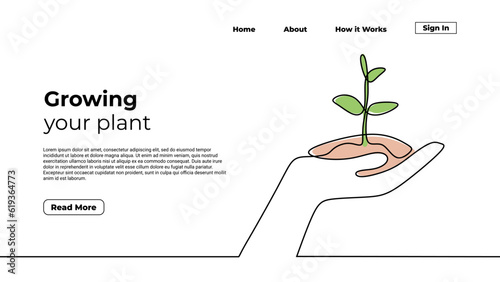 Growing plant continuous one line drawing. Landing page template of hand holding plants. Sprout grow symbol of environment protection.