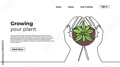 Growing plant continuous one line drawing. Landing page template of hand holding plants. Sprout grow symbol of environment protection.