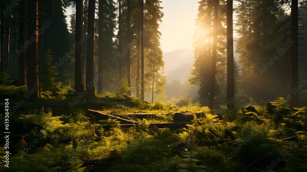 Breathtaking scene of a lush forest teeming with biodiversity, embodying the concepts of sustainability, nature, biodiversity, conservation, and harmony, captured during the golden hour. Generative AI