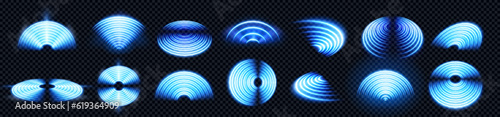 Blue 3d wifi signal symbol with neon light effect on transparent background. Wireless technology wave sign set. Digital radar circle network futuristic design. Computer protection system concept