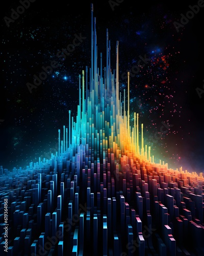 Abstract representation of a dynamic data analytics process in the finance industry, emphasizing complexity, patterns, finance, data analytics, and transformation. Normal distribution. Generative AI. photo