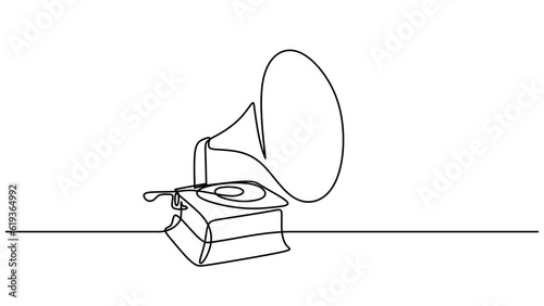 Vintage Gramophone vector, one line drawing illustration. Continuous hand drawn isolated on white background.