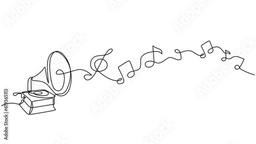 Music notes symbols with gramophone. One continuous hand drawn isolated on white background.