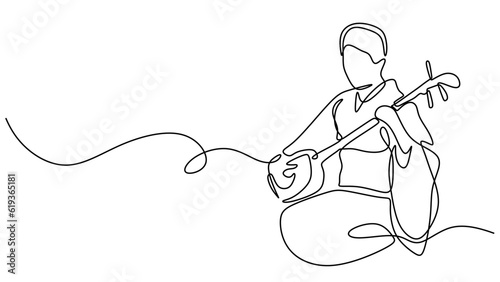 Japanese traditional music, continuous one line drawing. Woman playing biwa instrument. Minimalist single hand drawn vector illustration, cultural folk musician.