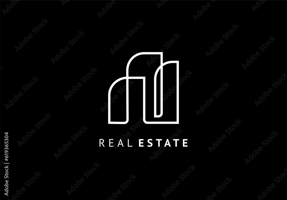 Real estate line logo vector template. Building minimalist with simple outline drawing. Modern white line on black background.