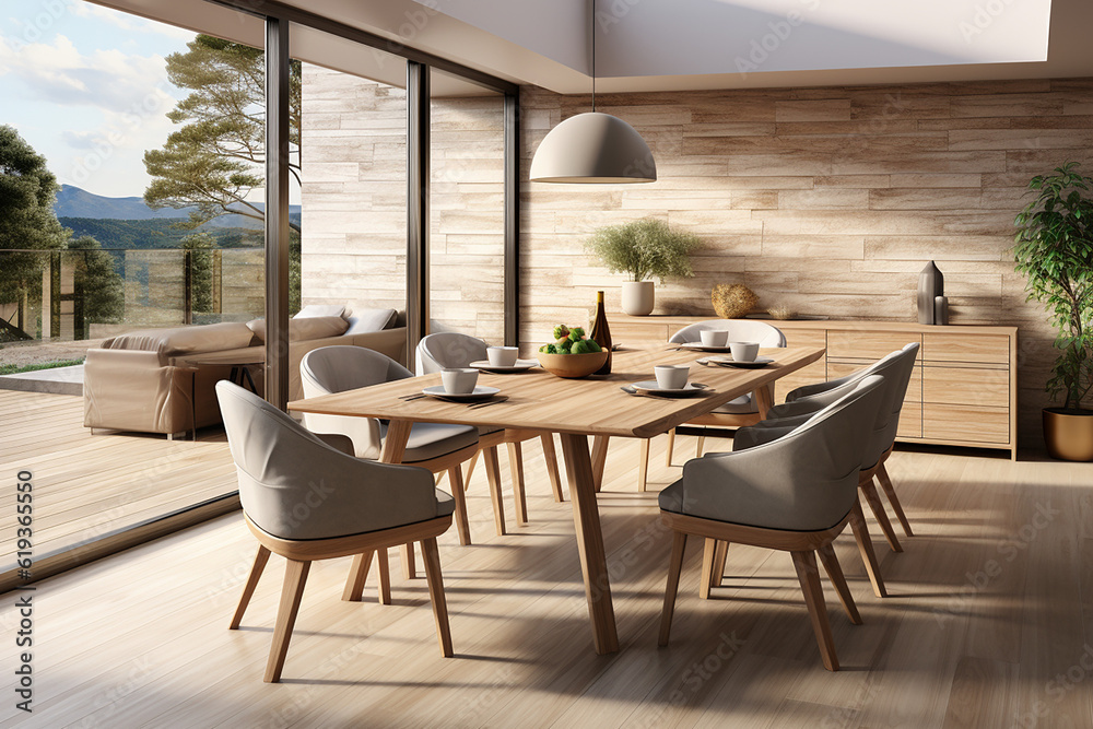 Interior design of modern dining room, dining table and wooden chairs. 3d rendering, generative AI