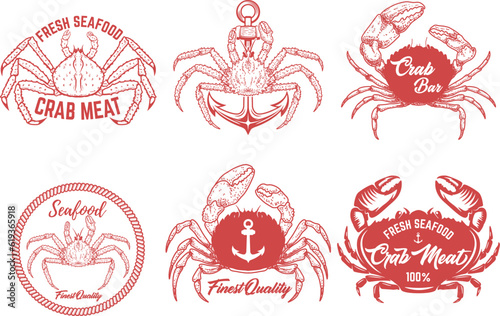 Set of vintage crab meat labels. Crab meat. Seafood emblems