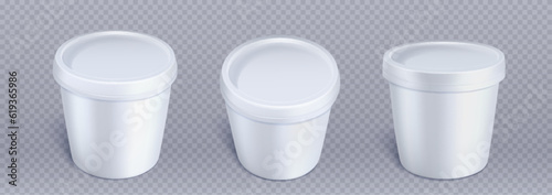 Realistic set of white food containers isolated on transparent background. Vector illustration of 3D ice cream or yogurt bucket mockup with blank surface ready for branding. Paper tub for meal storage