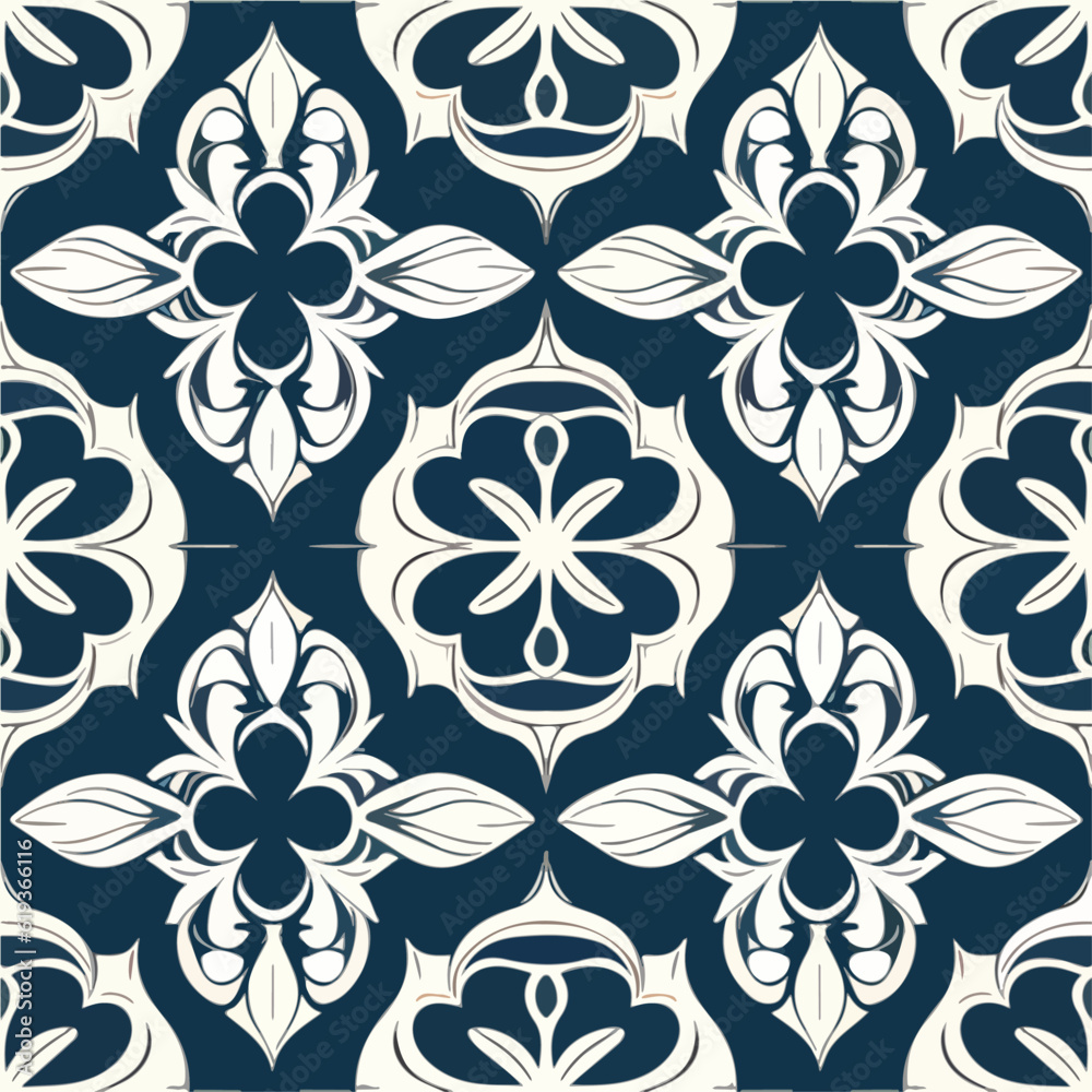 Delightful blue and white flower pattern, resembling intricate tilework. This seamless design exhibits elements of art nouveau and can be envisioned as an enchanting floor pattern. Delightful blue and white flower pattern, resembling intricate tilework. This seamless design exhibits elements of art nouveau and can be envisioned as an enchanting floor pattern.