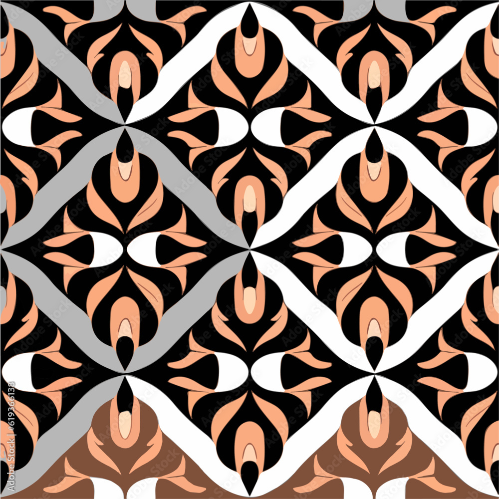 Striking combination of black and white background adorned with an intricate orange art nouveau pattern. The seamless design blends elements of art deco, resulting in a visually stunning. Striking combination of black and white background adorned with an intricate orange art nouveau pattern. The seamless design blends elements of art deco, resulting in a visually stunning.