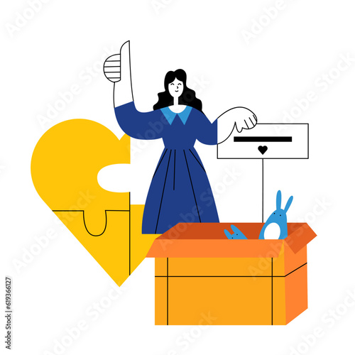 Lady collecting toys for needy people. Help from humanitarian aid organization. Volunteer helping people. Charity and donation concept. Vector flat illustration in orange colors