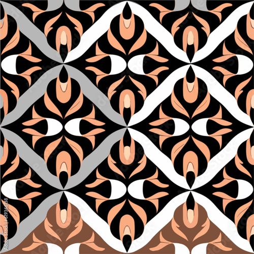 Striking combination of black and white background adorned with an intricate orange art nouveau pattern. The seamless design blends elements of art deco, resulting in a visually stunning.