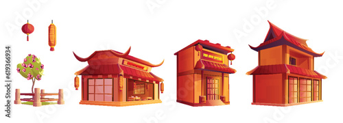 Chinese street restaurant building for town set. Cartoon japan shop and asian district cityscape isolated vintage business clipart decoration collection for cityscape exterior. Historic kiosk place