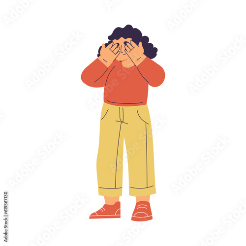 Little Girl Playing Hide and Seek Counting with Closed Eyes Vector Illustration