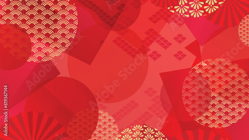 Happy Chinese New Year luxury style background vector. Golden geometric shapes, circle, Chinese and Japanese pattern on red wallpaper. Oriental design for backdrop, card, poster, advertising.
