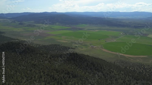 Evergreen Nature Landscape With Forested Mountain And Meadows Near Abert Rim In Lake County, Oregon, USA. Aerial Wide Shot photo