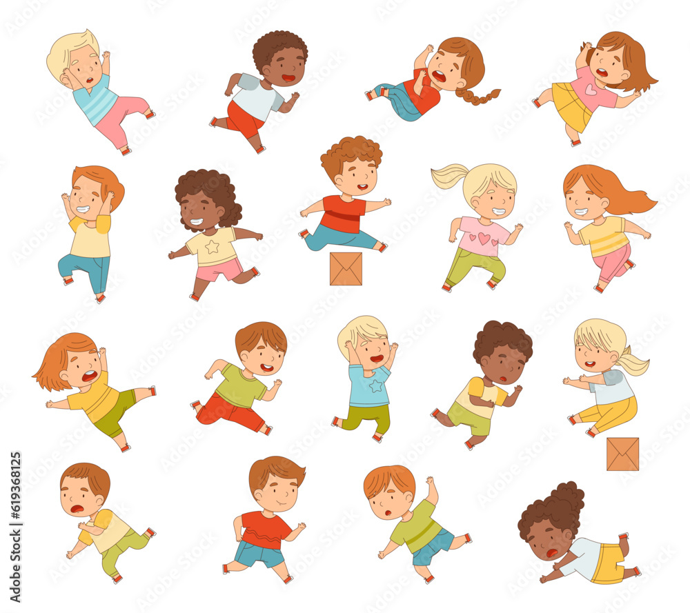 Cute Kids Running and Rushing Away at Full Speed Stumbling Big Vector Set