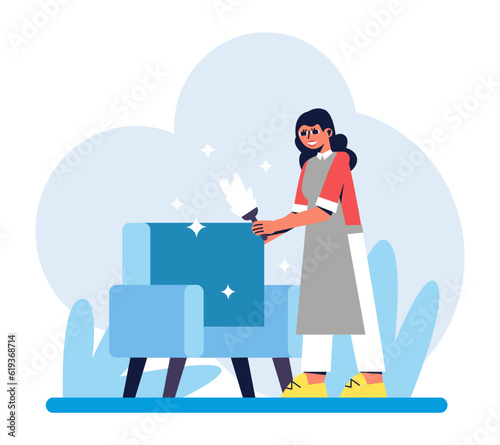 Young lady in uniform standing near armchair and cleaning furniture. Time for professional cleaning furniture. Cleaning company concept. Vector flat illustration in blue colors