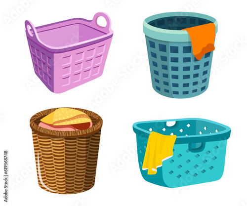 Set of beautiful laundry baskets in cartoon style. Vector illustration of various colored laundry baskets: round wicker baskets with laundry, rectangular plastic ones isolated on white background.