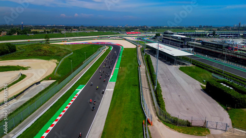 driving school. aerial view of a race track open for motorcycle training. drone footage. A group of motorcyclists. Moto sport. Italy Misano 20.07.2023