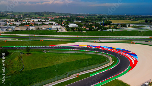 driving school. aerial view of a race track open for motorcycle training. drone footage. A group of motorcyclists. Moto sport. Italy Misano 20.07.2023 © VILTVART