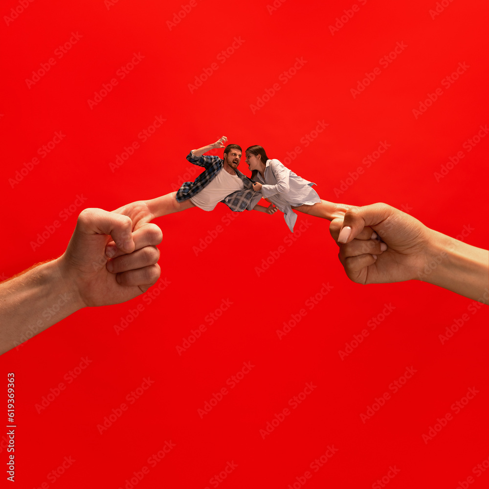 Fototapeta premium Creative collage with hands. Young man and woman emotionally shouting, arguing, loudly expressing feelings and disagreement. Concept of emotions, feelings, psychology, relationship, communication, ad