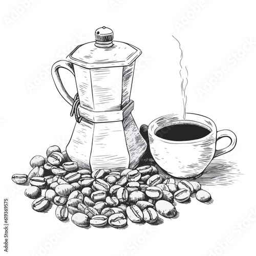 Coffee bean Moka pot espresso set line art sketch vector illustration