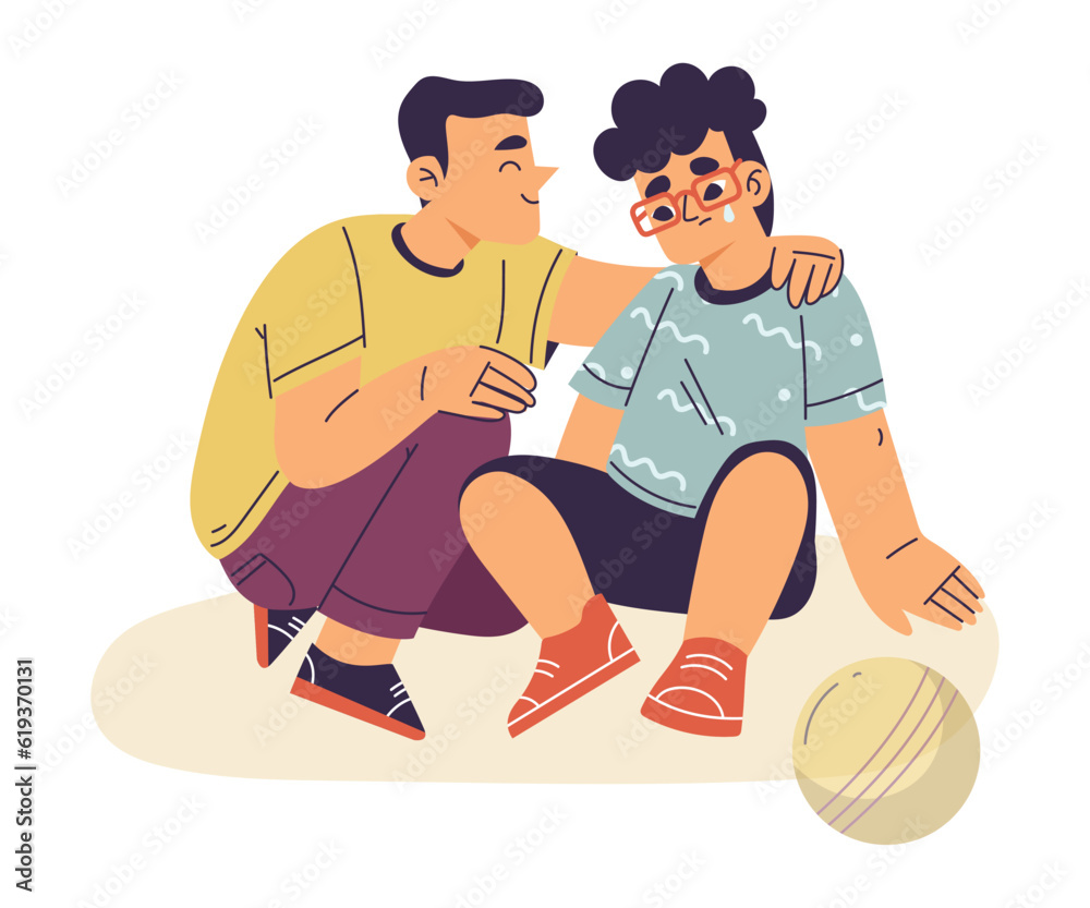 Little Boy Supporting and Comforting Sad Crying Friend Vector Illustration