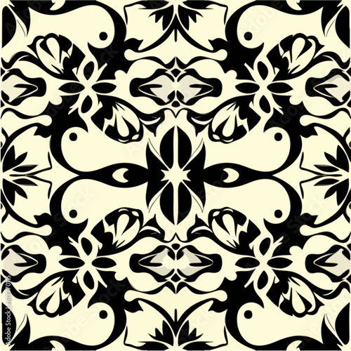 Elegant black and white floral design gracefully adorns a white background, capturing the essence of art nouveau with its dark flowers and damask inspired pattern.