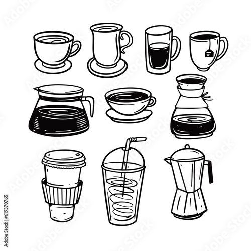 Coffee doodle elements set. Cups, mug, coffee pot and glass.