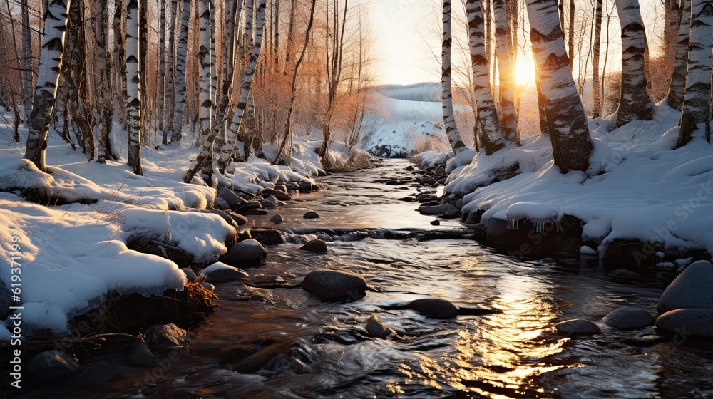 Stunning photography of a frozen birch forest next to a rocky creek Stunning photography of a frozen birch forest next to a rocky creek