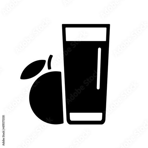 Fresh juice icon, black silhouette on white. Drink in tall glass and orange or apple, stencil shape. Vector element or logo of minimalist design, illustration of non-alcoholic or kids beverage.