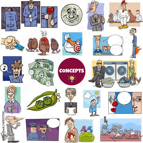 cartoon concepts or metaphors with comic characters big set