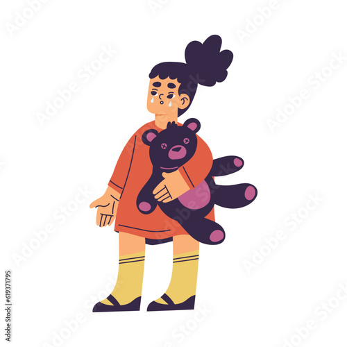 Little Girl with Teddy Bear Standing and Crying Out Loud Feeling Sad Vector Illustration