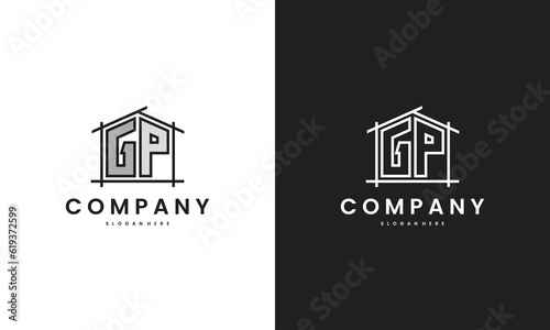 Initial GP home logo with creative house element in line art style vector design template