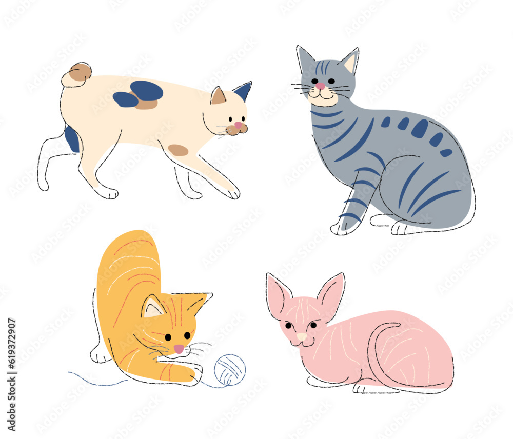 Cat breeds Set 1 . Flat shape and pencil line drawing design . Vector .