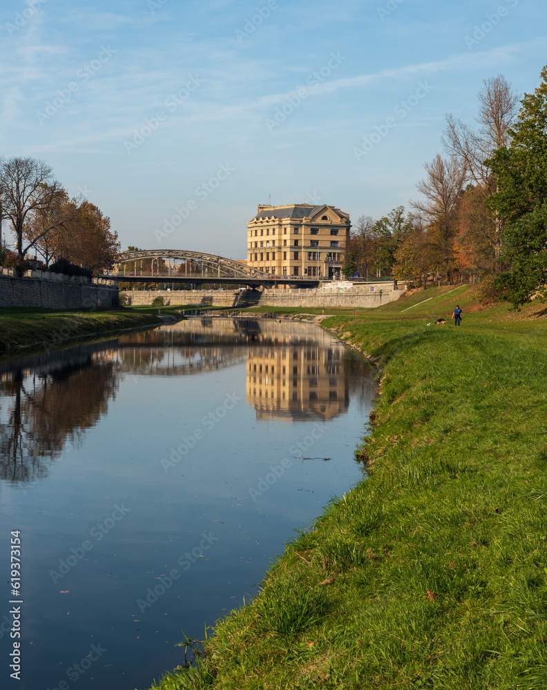 Ostravice river with Most Milose Sykory above in Ostrava city in Czech republic Ostravice river with Most Milose Sykory above in Ostrava city in Czech republic